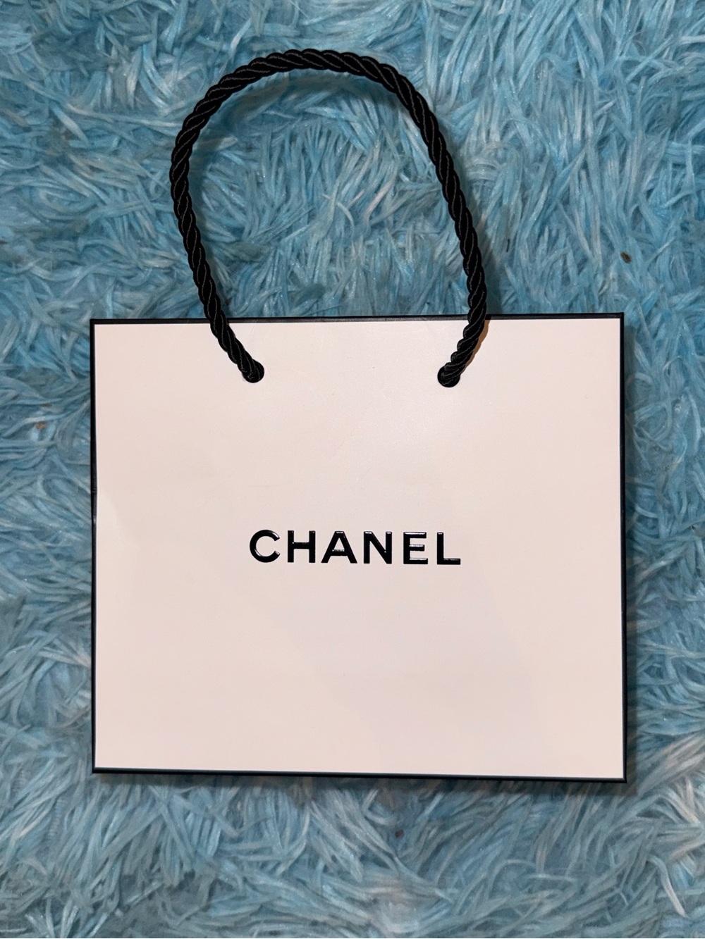 CHANEL White Gift Bag with Black Handles and Logo. Mint condition. Jewelry size!